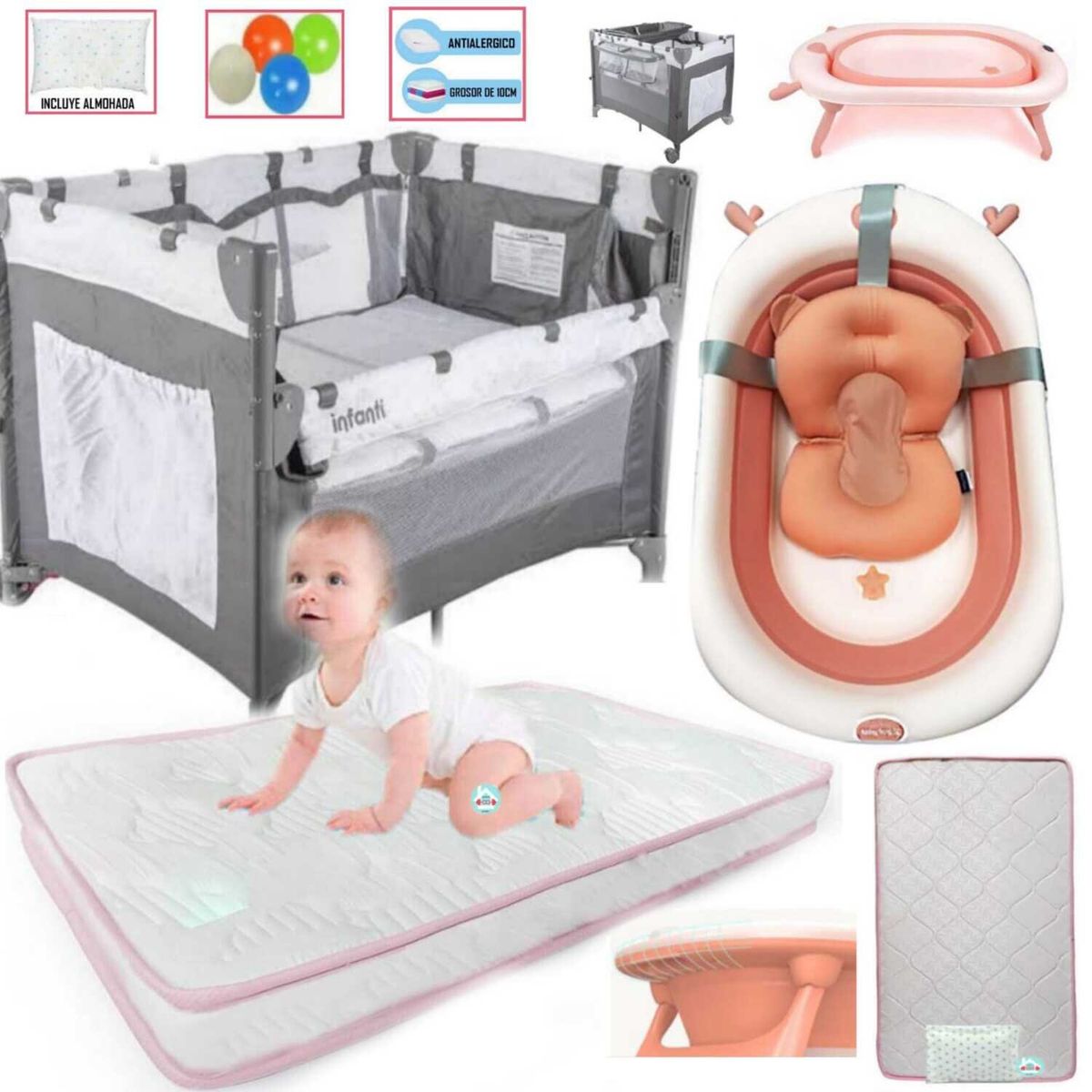 INFANTI - Cuna Always Together + Colchón Rosado y Tina plegable Rosado
