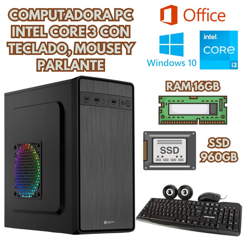 INTEL - COMPUTADORA INTEL CORE I3 RAM 16GB SSD 960GB + ACCESORIOS