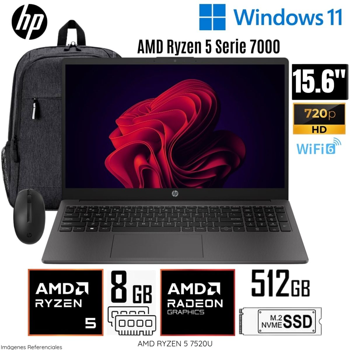 HP - Laptop HP 255 G10 AMD Ryzen 5-7520U 8GB RAM 512GB SSD 15.6" HD + Mochila y Mouse HP