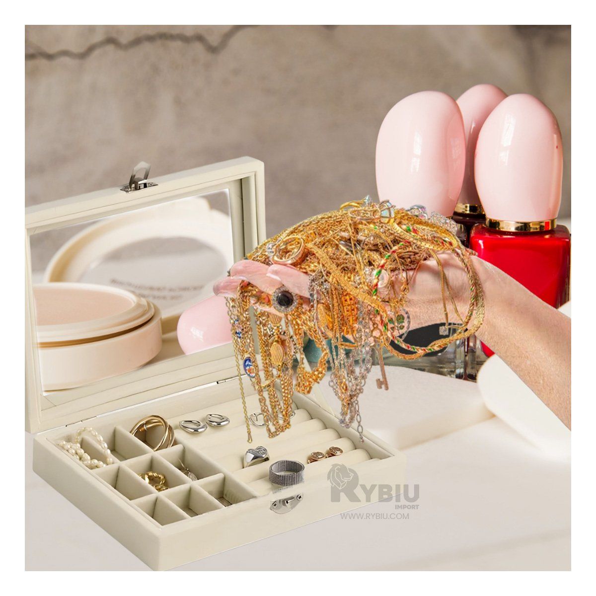 RYBIU IMPORT - Joyero Organizador de Senoritas de Terciopelo de Color Beige