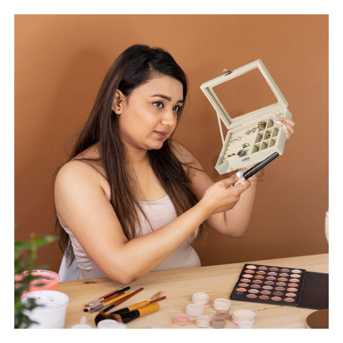 RYBIU IMPORT - Joyero Clasificador de Cuero de Beige Y+Regalo Stickers