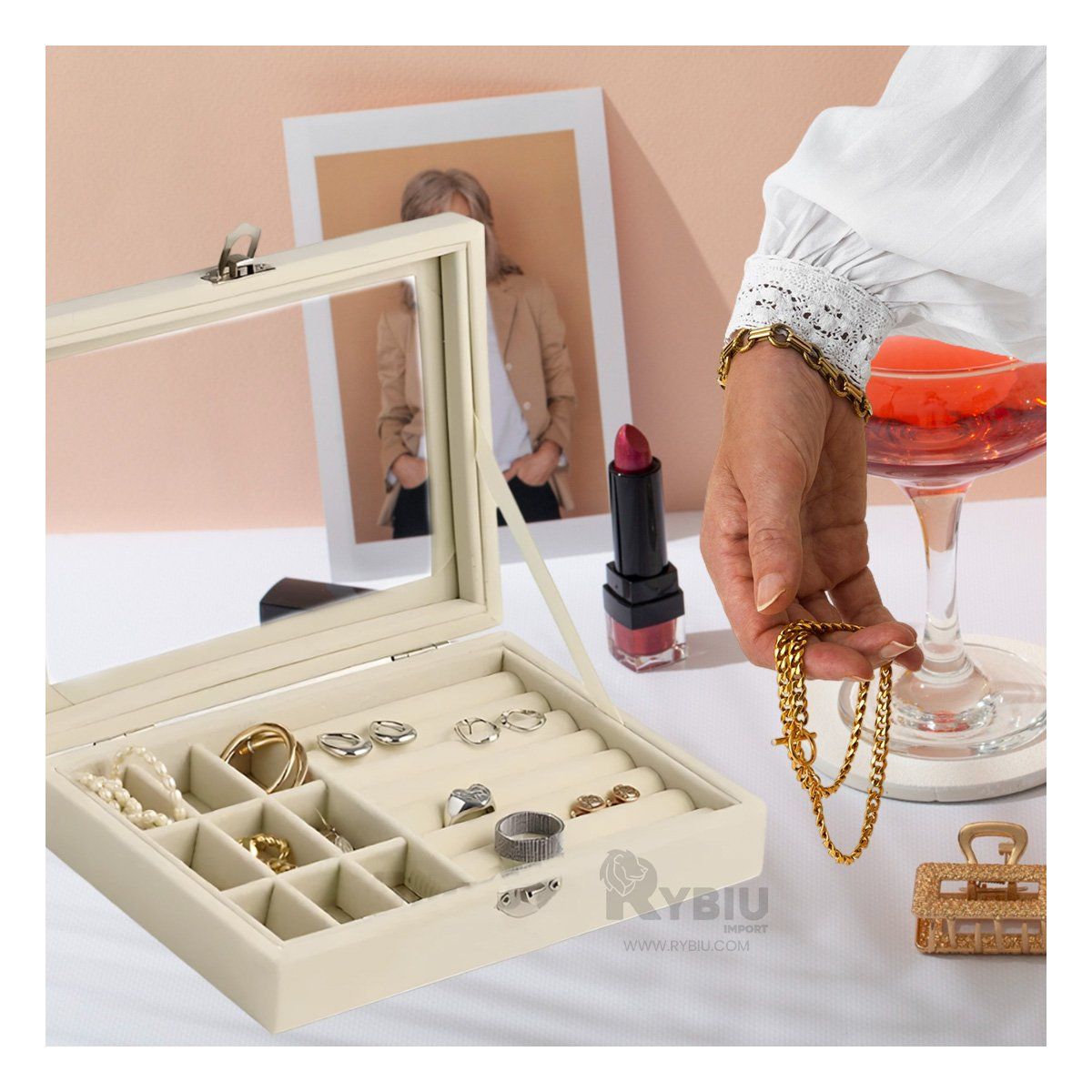 GENERICO - Joyero Modelo Organizador en Color Beige Y+Papel de Regalo