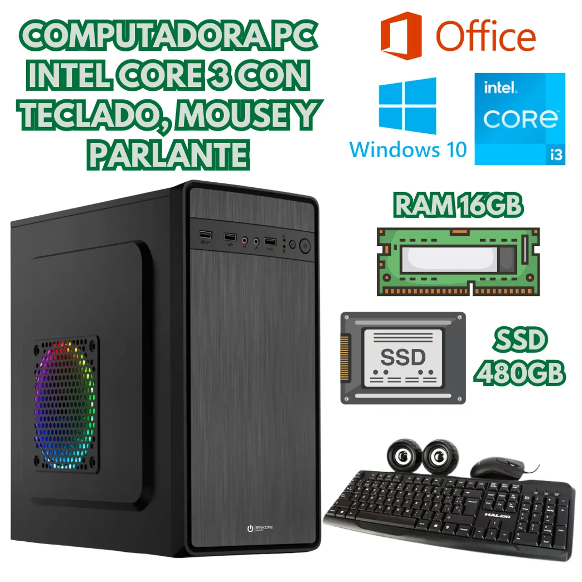 INTEL - COMPUTADORA INTEL CORE I3 RAM 16GB SSD 500GB + ACCESORIOS