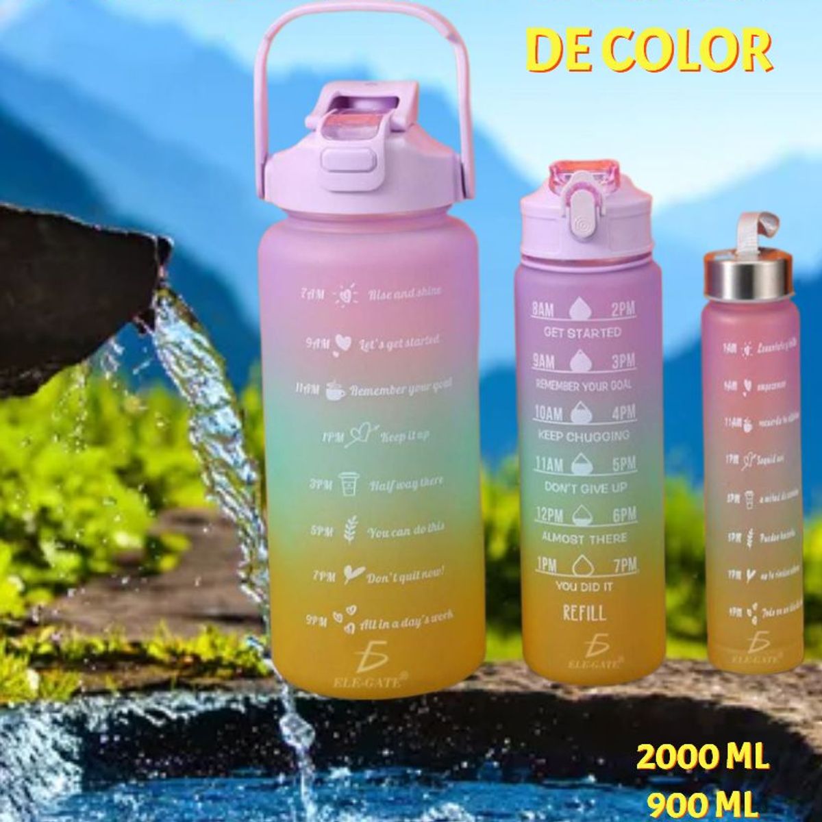 GENERICO - TRIO BOTELLA TOMATODO MOTIVACIONAL CAMBIA COLOR CON ASA SUJETA CELULAR