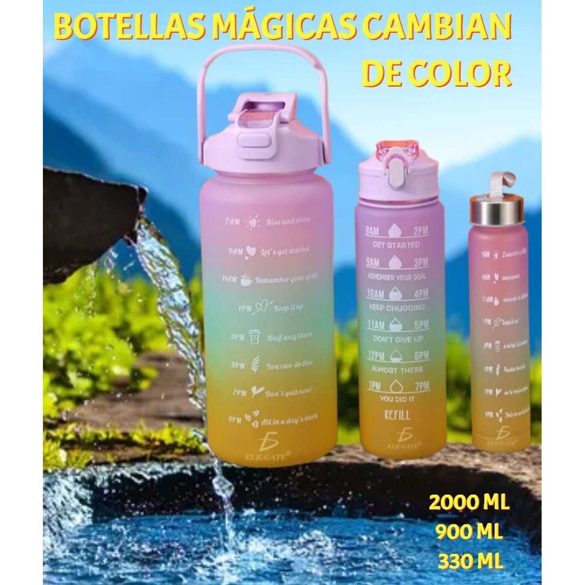 GENERICO - TRIO BOTELLA TOMATODO MOTIVACIONAL CAMBIA COLOR CON ASA SUJETA CELULAR