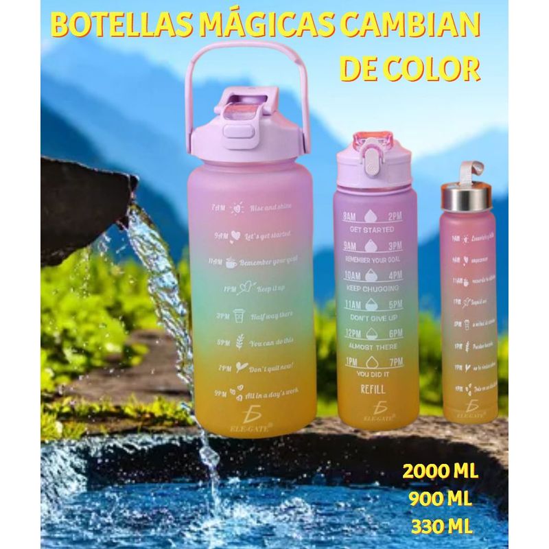 GENERICO - TRIO BOTELLA TOMATODO MOTIVACIONAL CAMBIA COLOR CON ASA SUJETA CELULAR