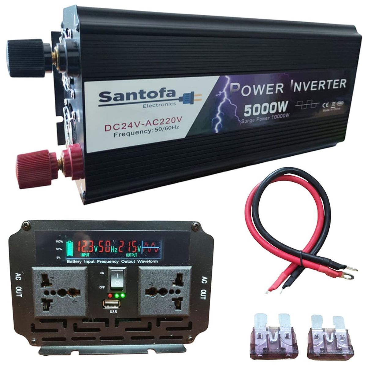 SANTOFA ELECTRONICS - Inversor De Corriente 24v A 220v 5000w 1 Usb 2 Sockets Lcd