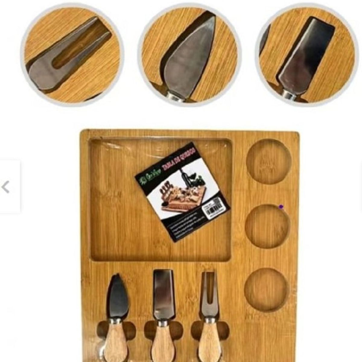 GENERICO - Tabla de Queso o Piqueos con 3 Cuchillos y Posavasos A1