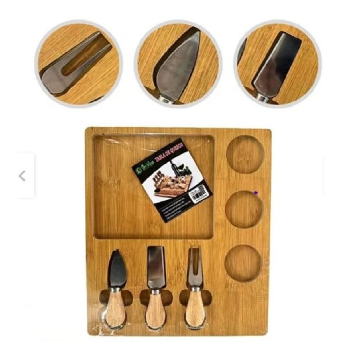 GENERICO - Tabla de Queso o Piqueos con 3 Cuchillos y Posavasos A1