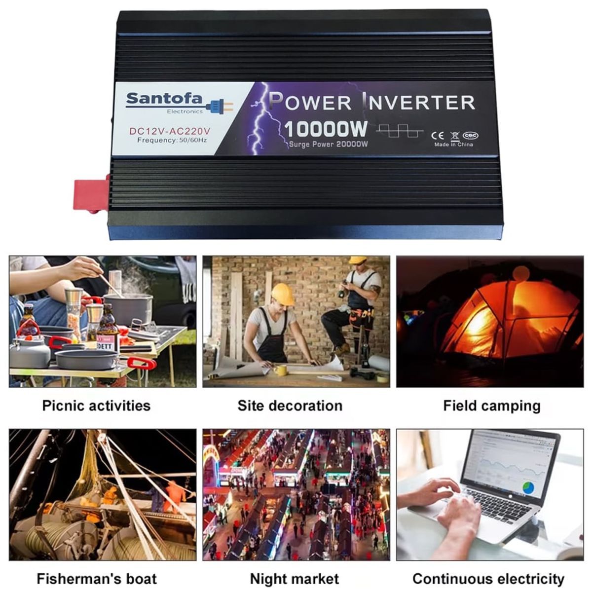 SANTOFA ELECTRONICS - Inversor De Corriente 12v A 220v 10000w 2 Usb 2 Sockets 1 USB C Lcd