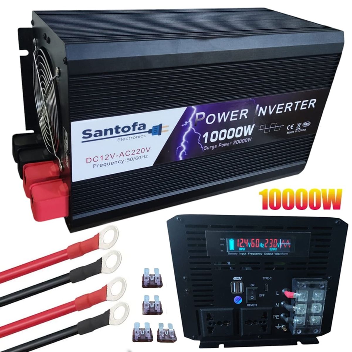 SANTOFA ELECTRONICS - Inversor De Corriente 12v A 220v 10000w 2 Usb 2 Sockets 1 USB C Lcd