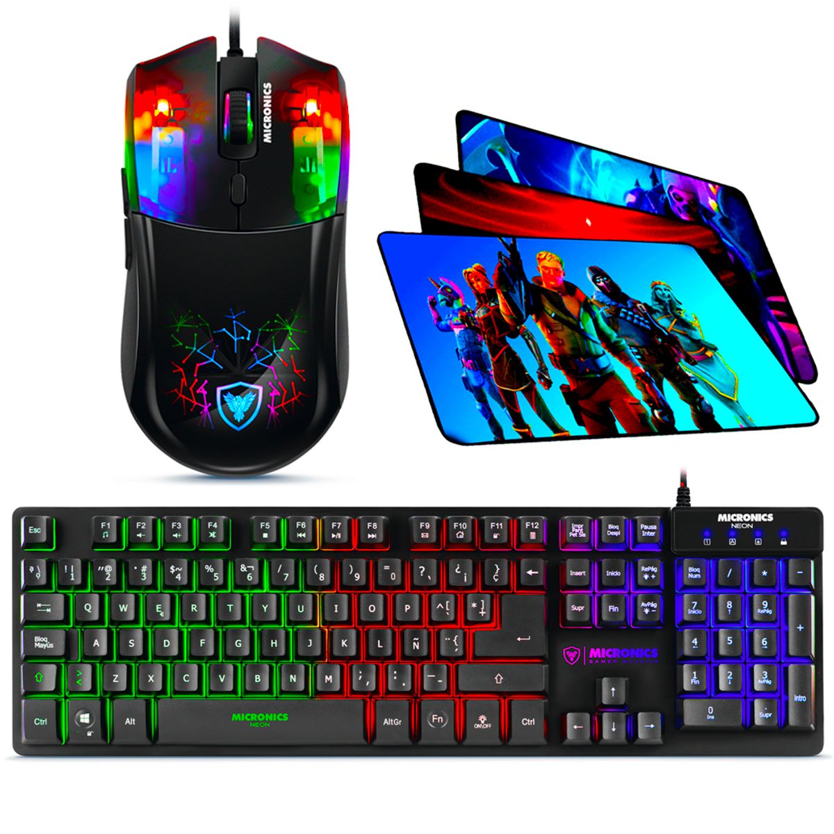 MICRONICS - Kit Gamer Neon 3 en 1 Micronics: Teclado + Mouse 7B 7200dpi + Pad