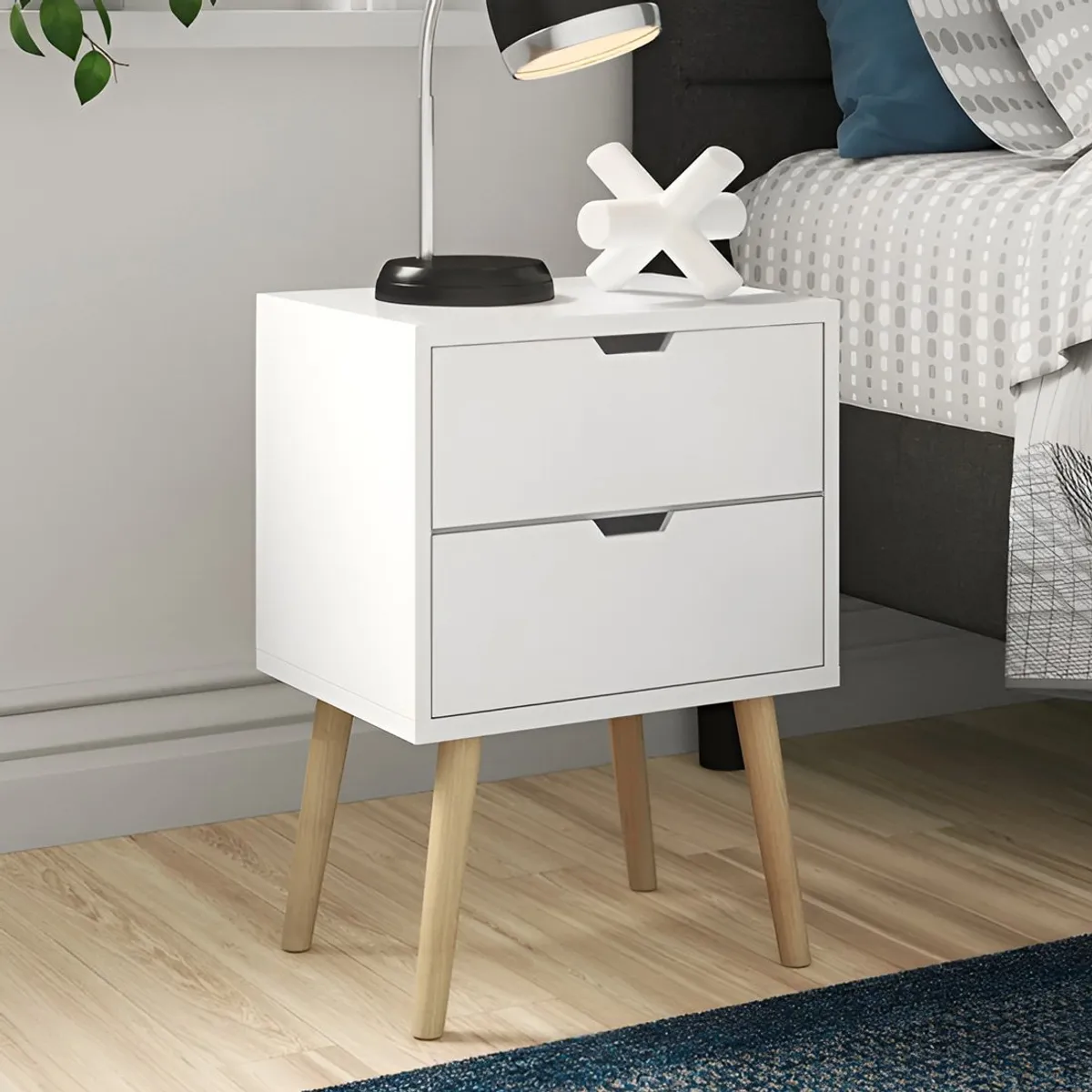 GENERICO - Velador Vintage Mesa de Noche Shavan 2 Cajones Blanco Huk