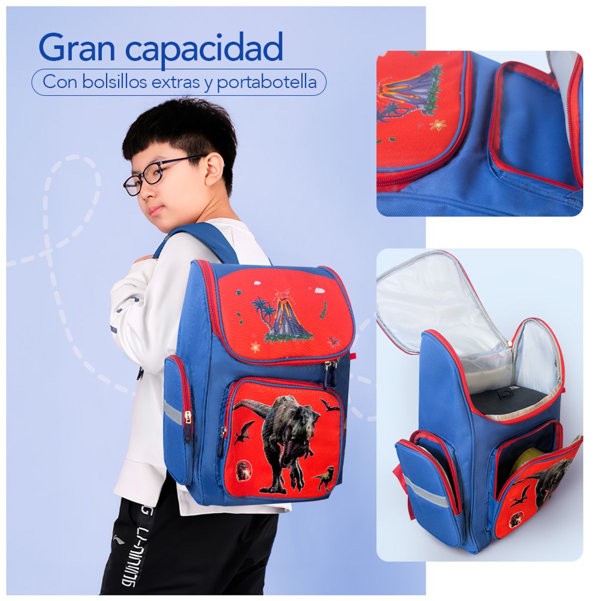 KELLER - Mochila Kawaii 4 Piezas para Niños Diseño Dinosaurio Rojo KW4