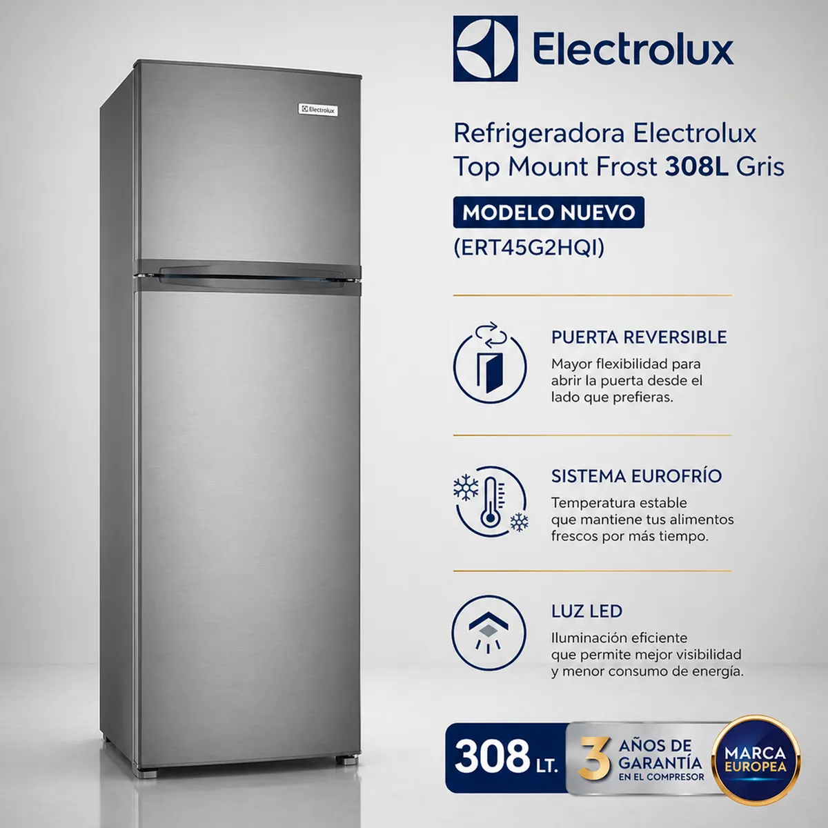 Electrolux - Refrigerador Electrolux 308 Lt top Freezer Frost ERT45G2HQI Eurofrio