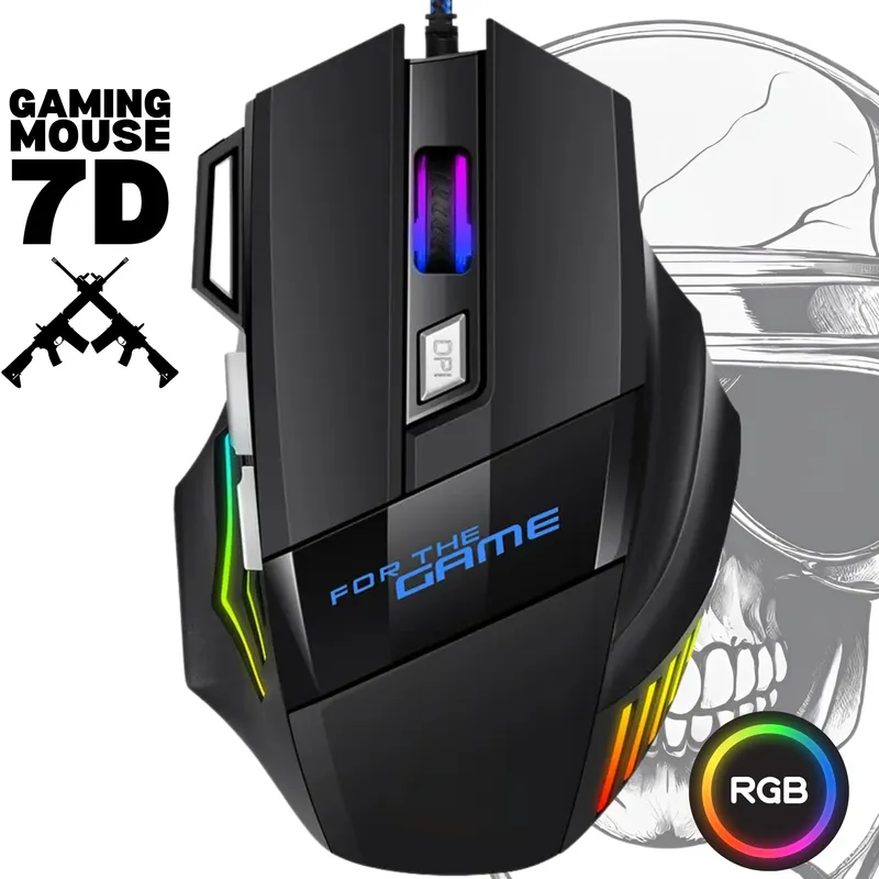 OEM - Mouse Gamer 7D RGB LED Ergonómico 7 Botones Alámbrico 1.4m USB 2.0