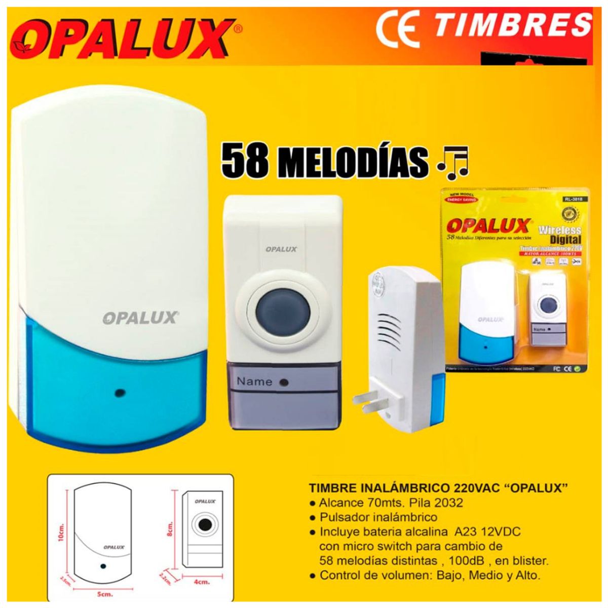 OPALUX - Timbre Inalámbrico 58 Melodías Alcance 100m Opalux RL-3818