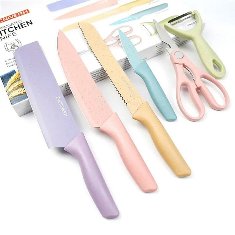GENERICO - Set de Cuchillos de Cocina + Tijera y Pelador 6 pizas color Pastel