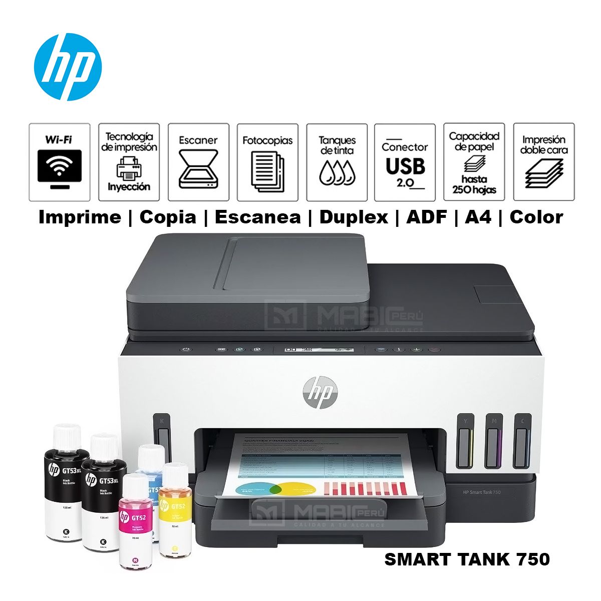 HP - Impresora Multifuncional Hp Smart Tank 750 Duplex WiFi ADF