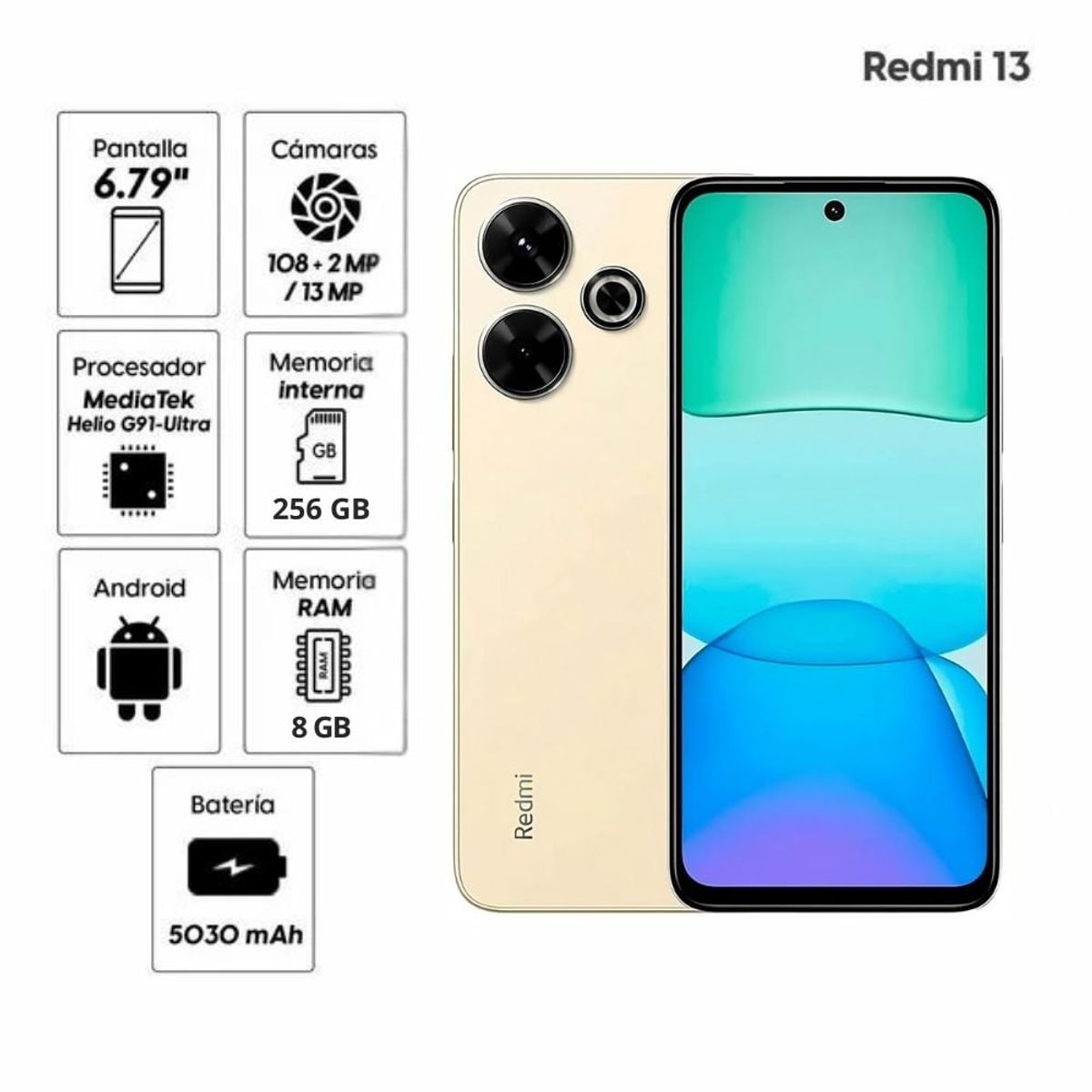 XIAOMI - Celular Xiaomi Redmi 13 US 8GB RAM + 256GB Dual SIM 4G Dorado