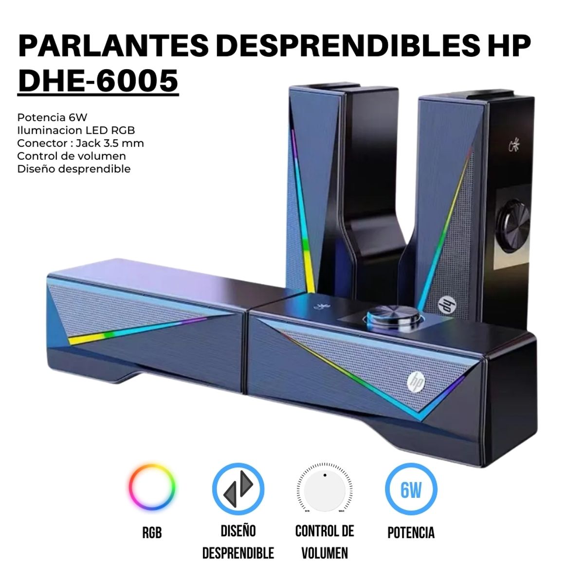 HP - Parlantes Gamer HP RGB para PC USB Desprendibles DHE-6005
