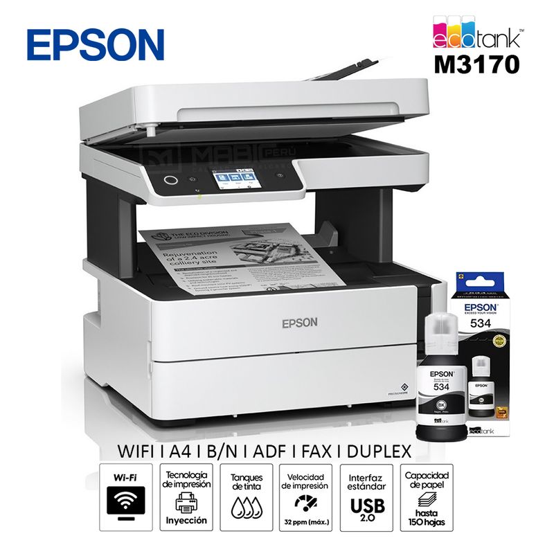 EPSON - Impresora Multifuncional Monocromatica Epson M3170 Duplex WIFI Ethernet ADF