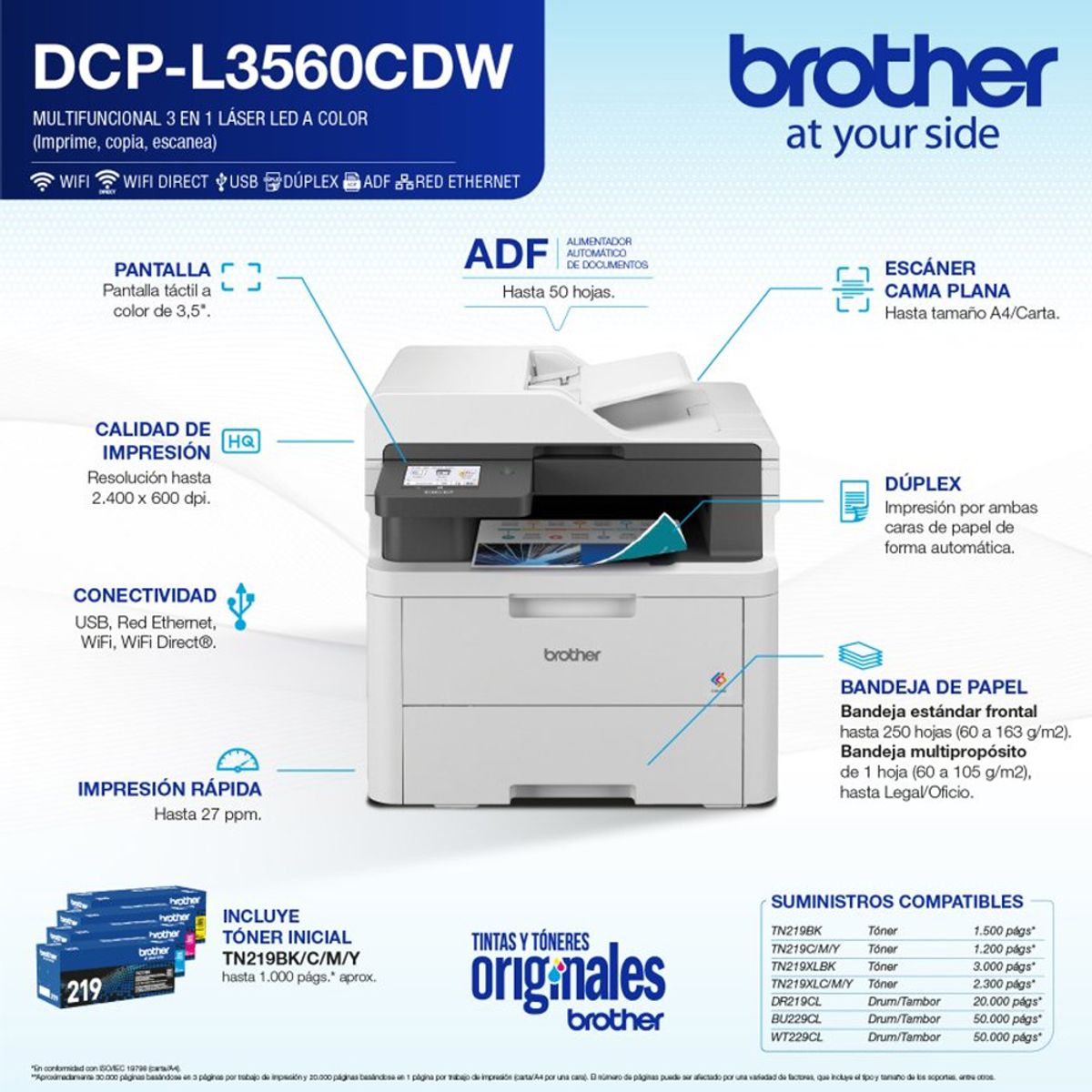 BROTHER - Impresora multifuncional Láser color Brother DCP-L3560CDW Duplex WIFI Red ADF