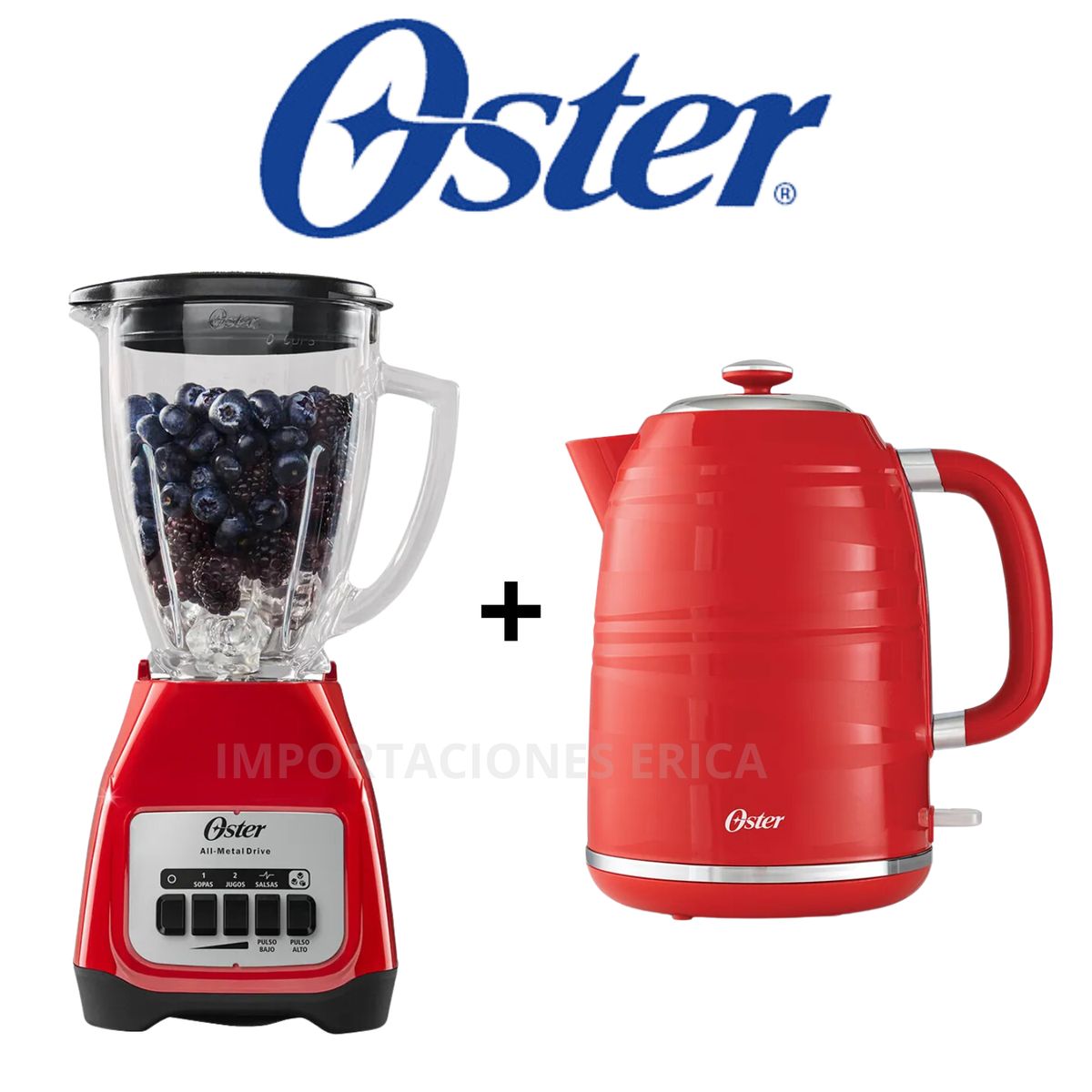 OSTER - Combo Oster licuadora 2 vel rojo de 1.5 L+ hervidora rojo de 1.7 L