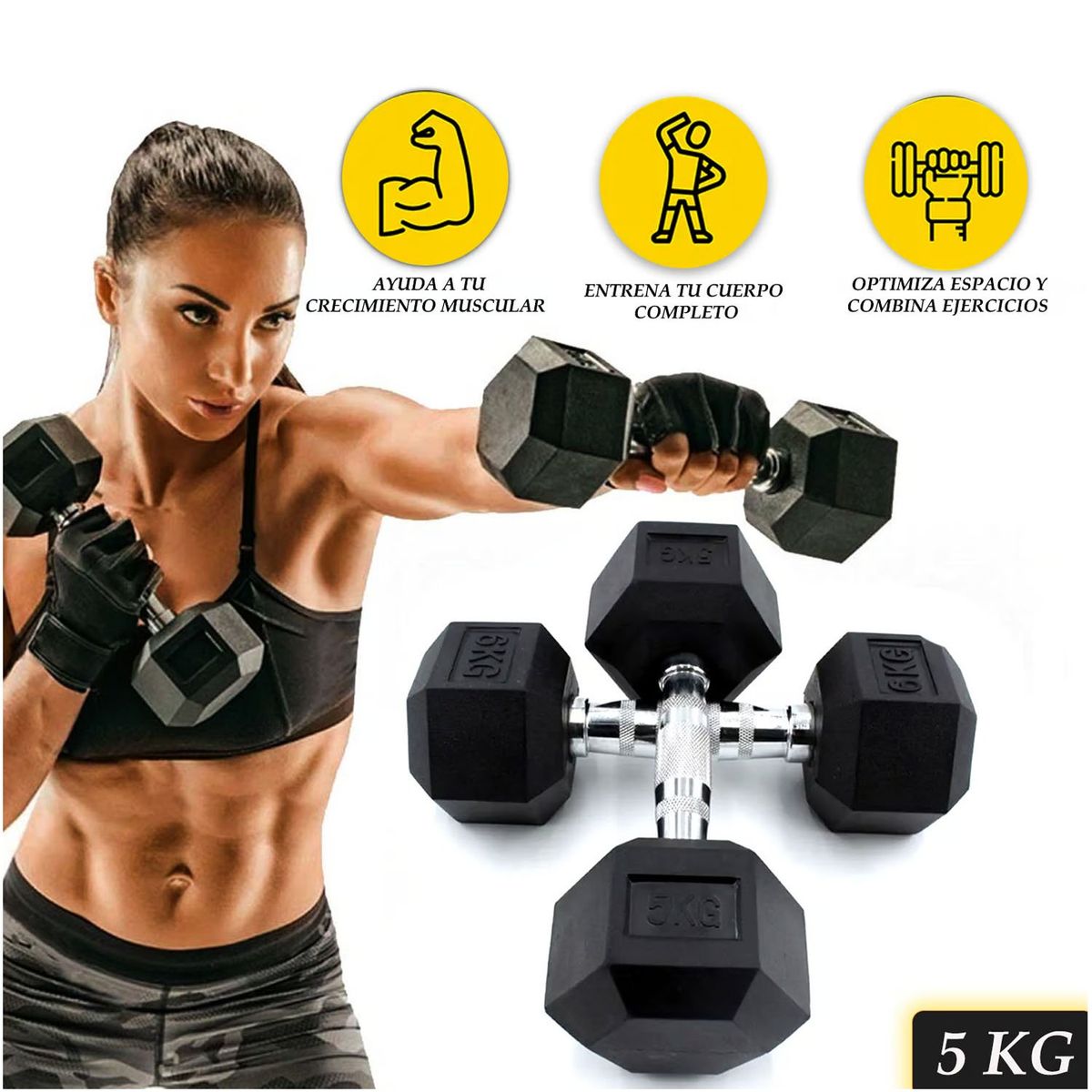 GENERICO - Set De Pesas Mancuernas Hexagonal Metal Cromado X2 5Kg