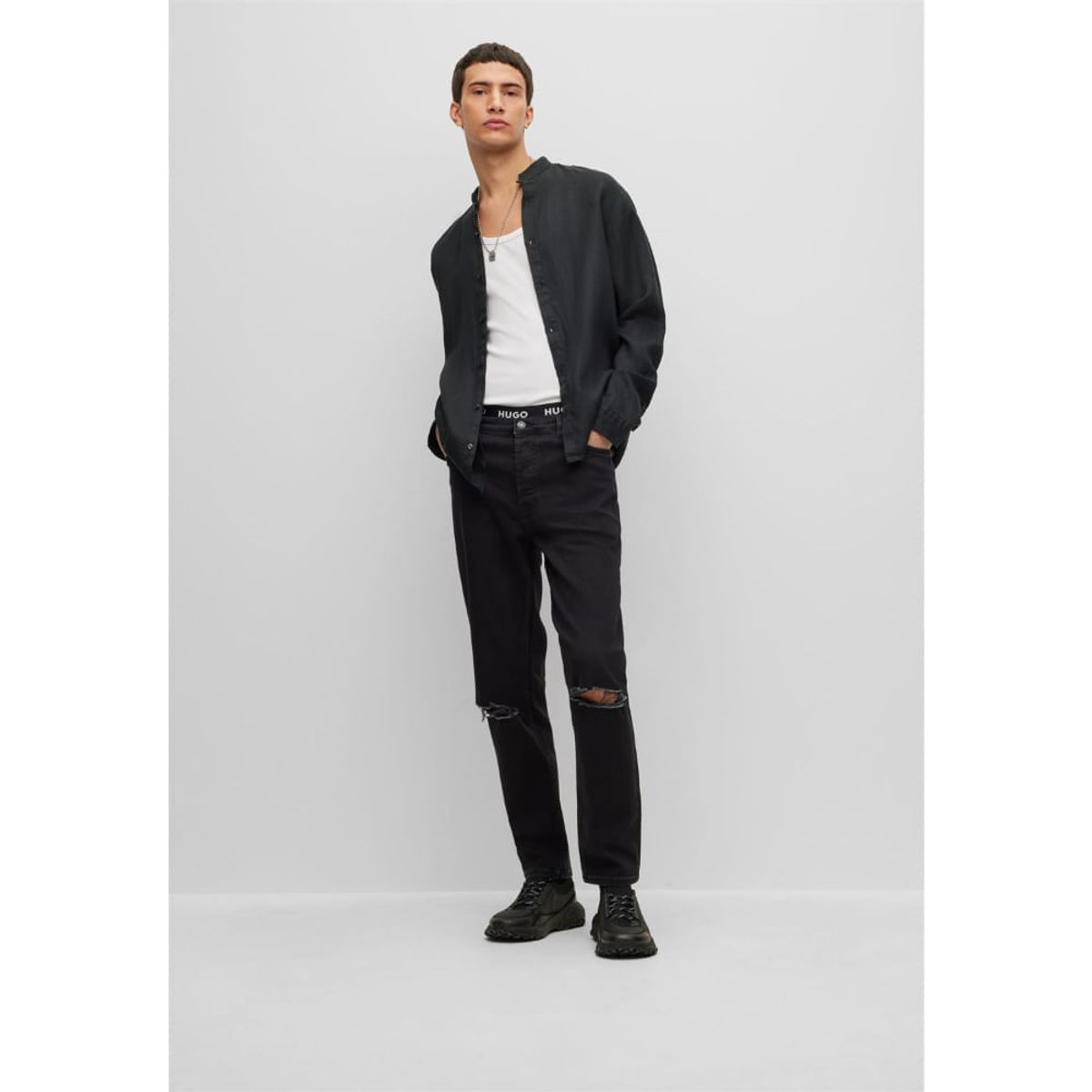 HUGO BOSS - Hugo - Camisa slim fit de lino puro con cuello Mao