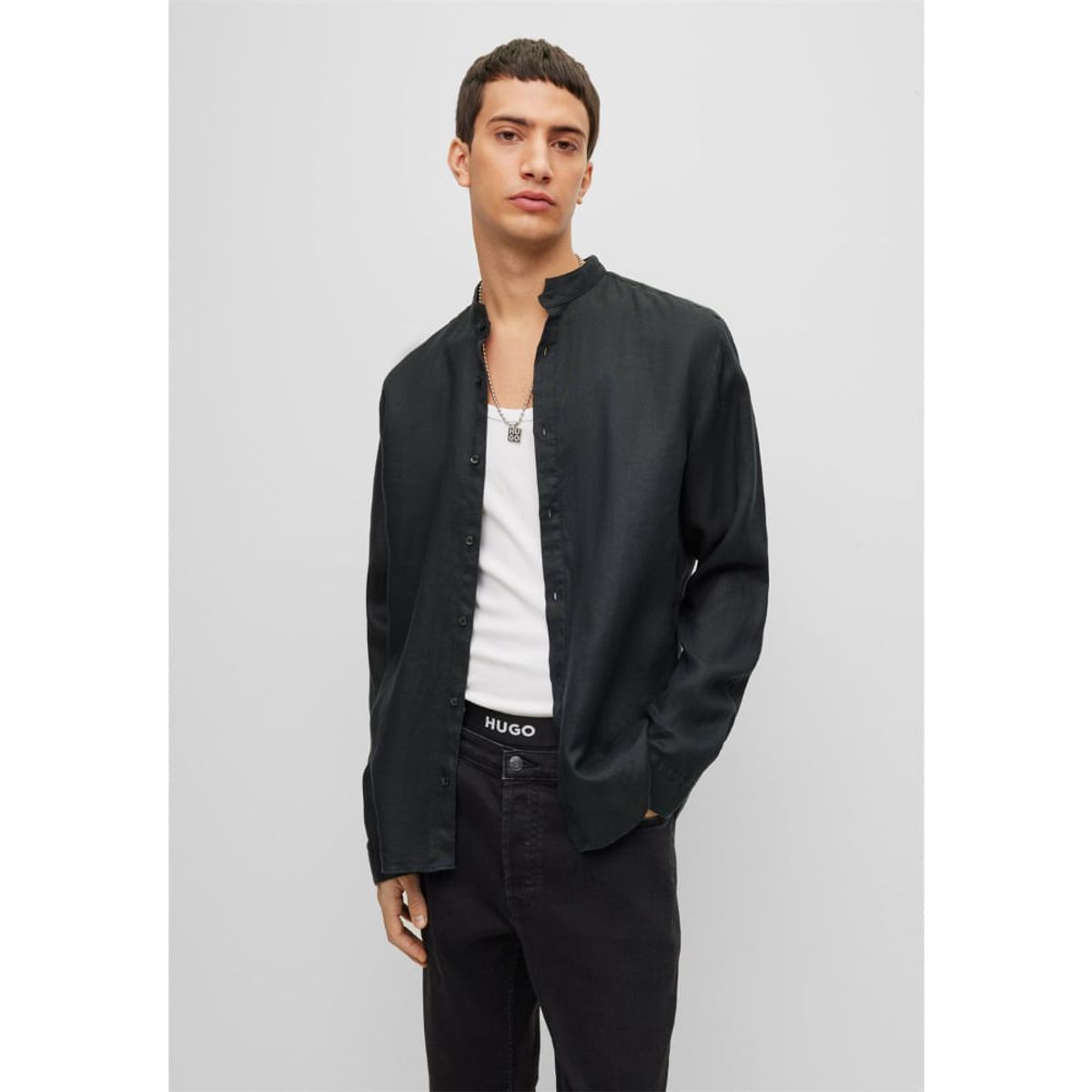 HUGO BOSS - Hugo - Camisa slim fit de lino puro con cuello Mao