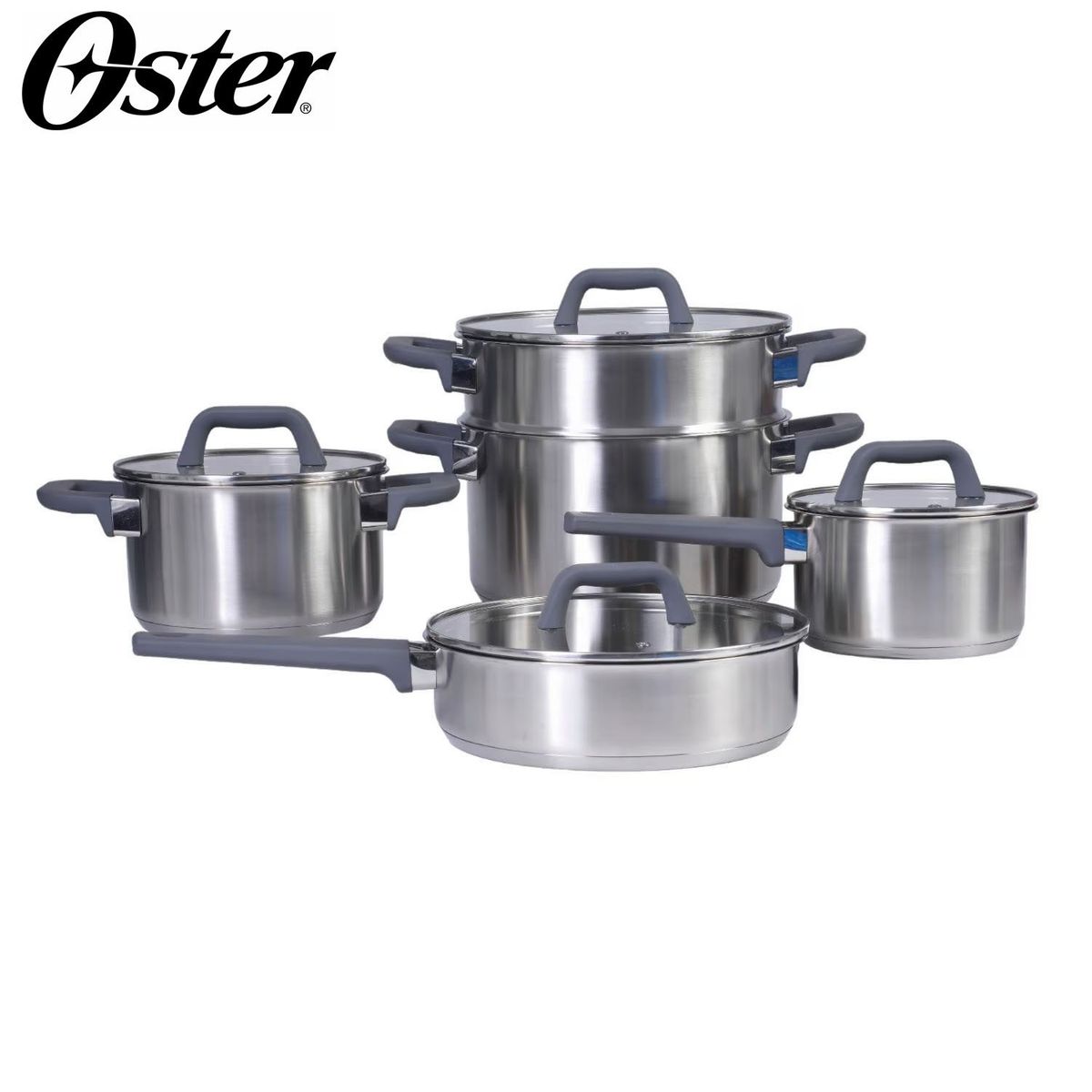 OSTER - Juego de Ollas 9 Piezas Acero Inoxidable Oster Beauford Acabado Plata