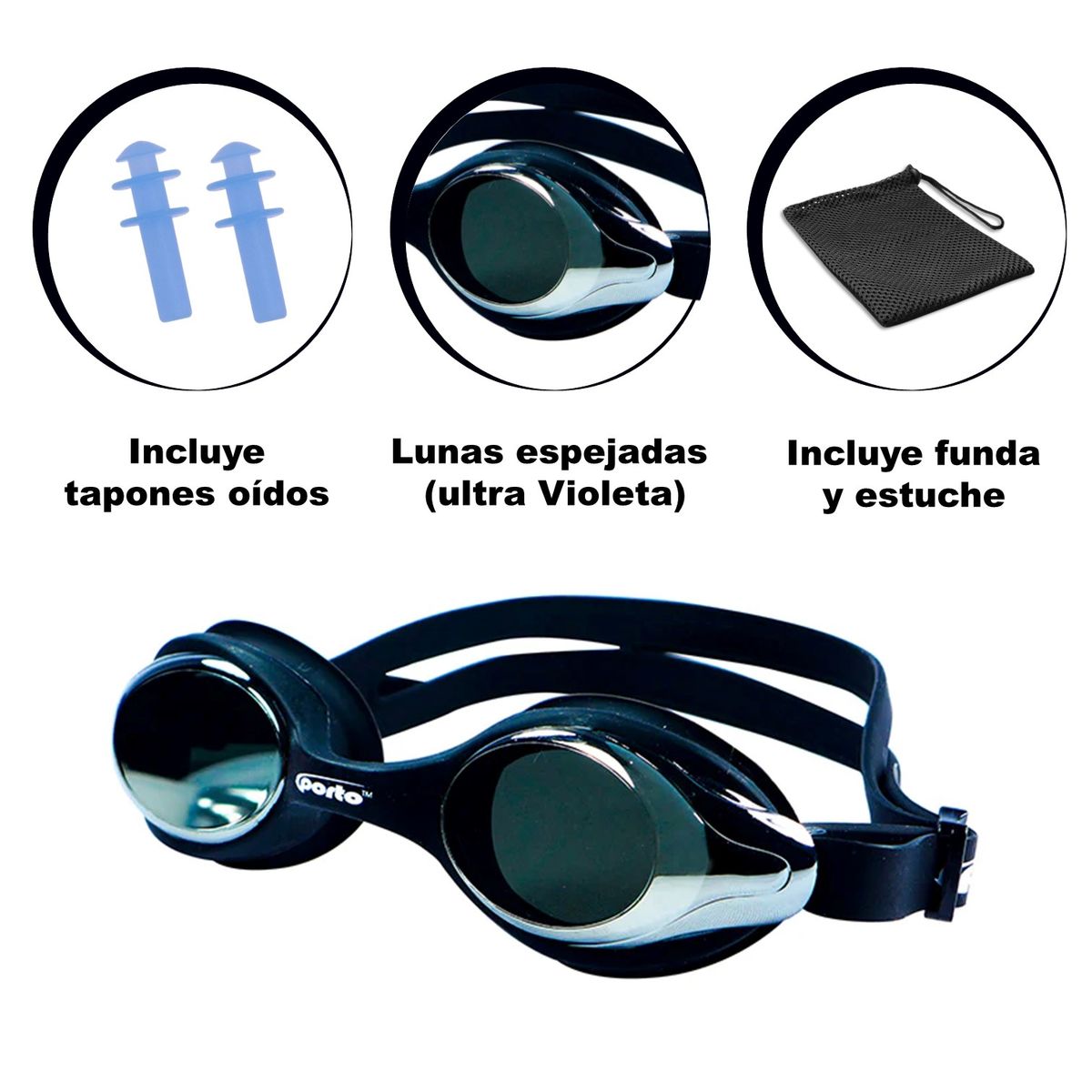 PORTO - LENTES PARA NATACIÓN ARROW MIRROR PORTO ADULTO NEGRO
