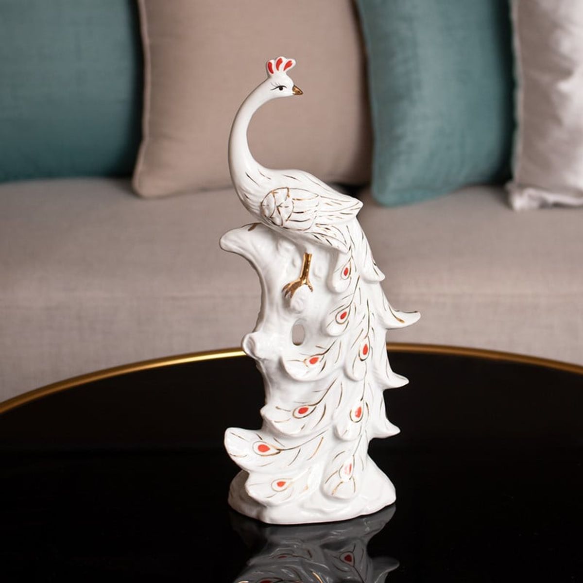 PANADECOR - Figura Decorativa Panadecor Pavo Real 33 Cm Blanco Con Dorado Porcelana