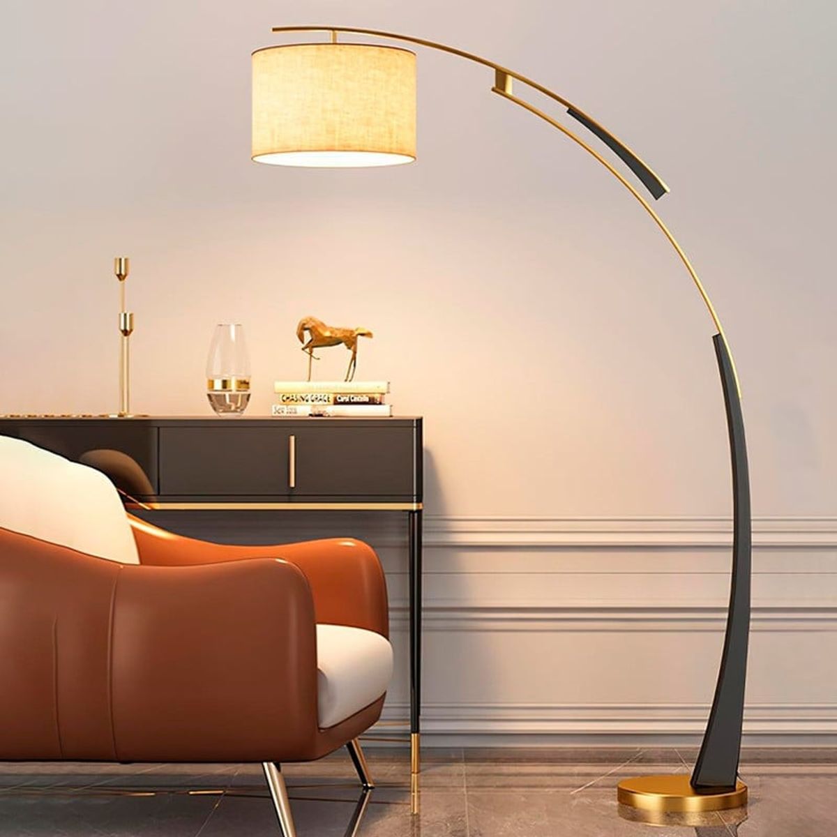 PANADECOR - Lámpara De Pie Moderna Arco Dorado Pantalla Beige