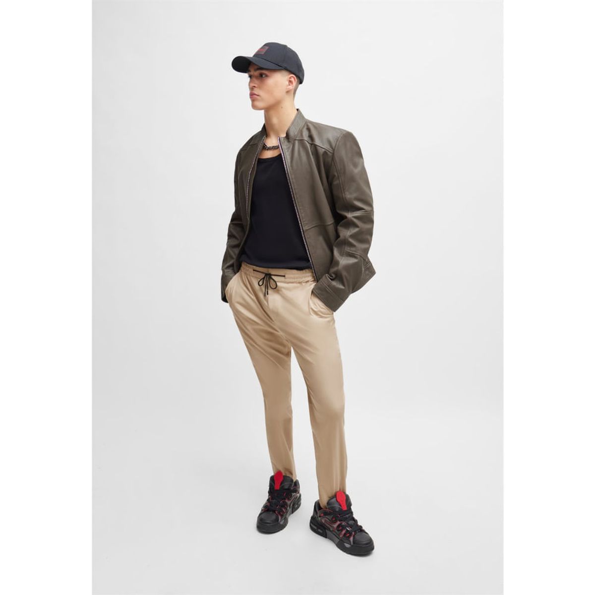 HUGO BOSS - Hugo - Casaca de piel extra slim fit con forro rojo