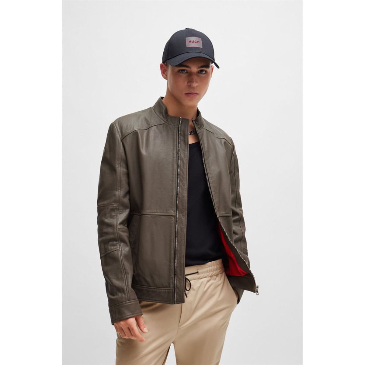 HUGO BOSS - Hugo - Casaca de piel extra slim fit con forro rojo