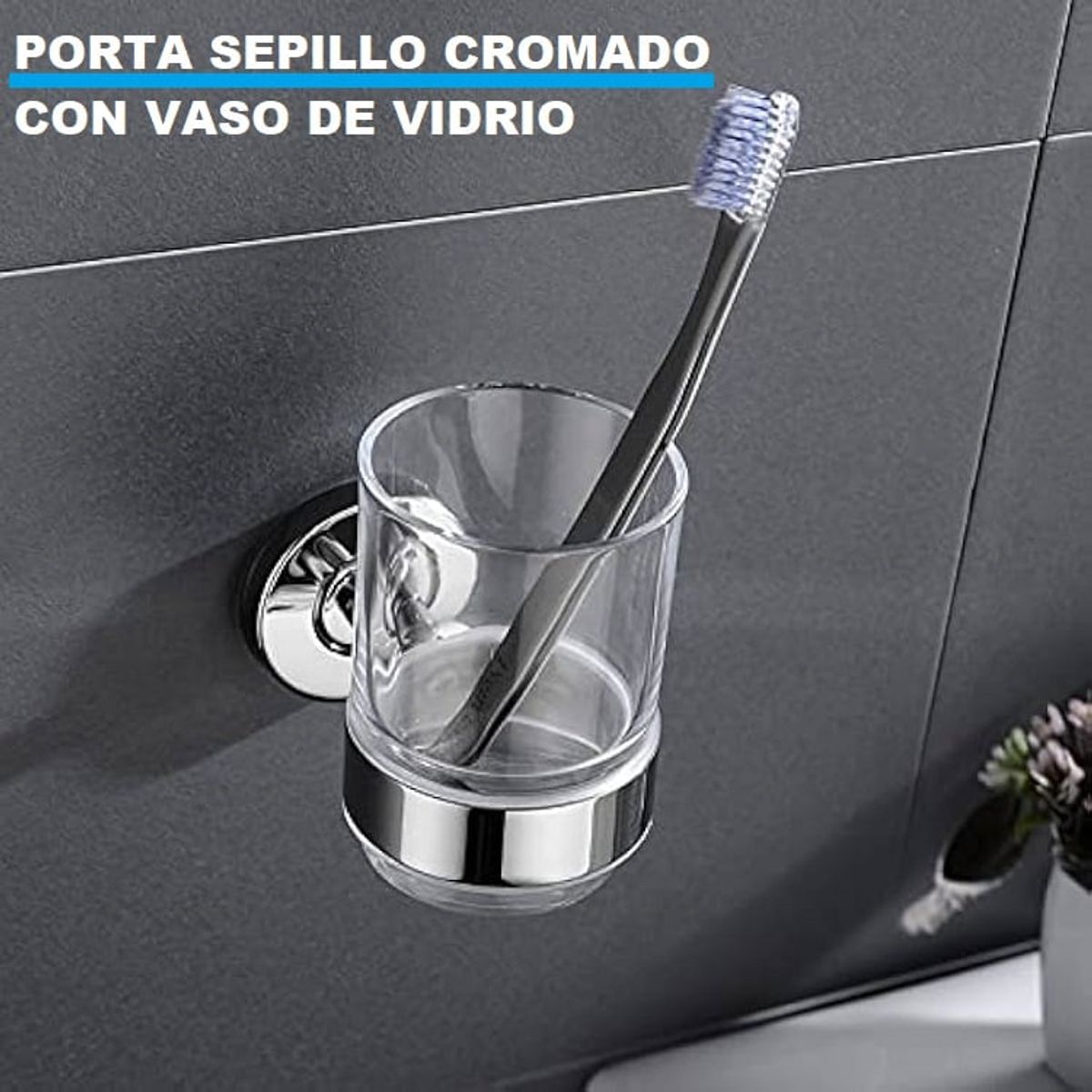 GENERICO - PORTA CEPILLO CROMADO CON  VASO DE VIDRIO
