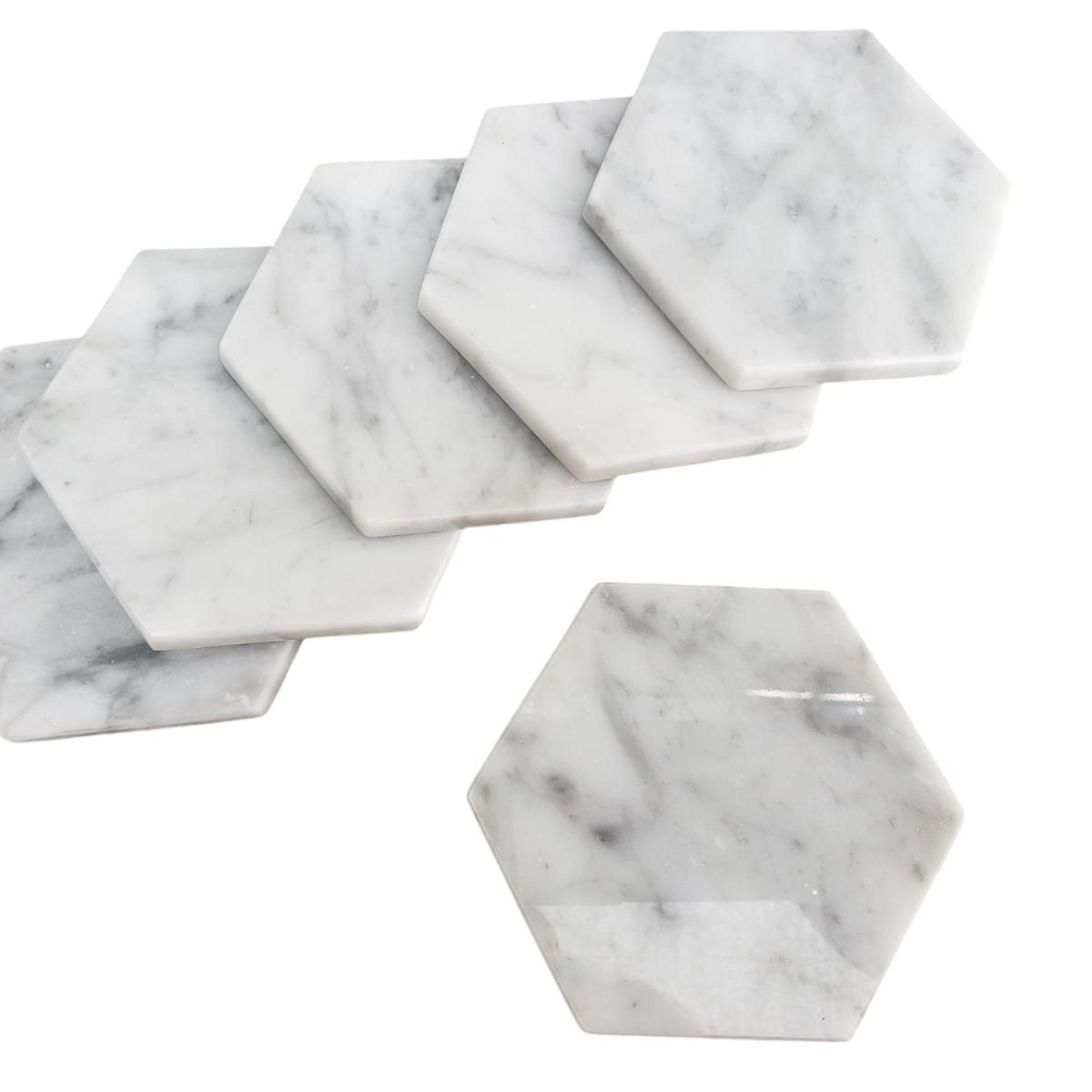 GENERICO - PACK DE 6 POSAVASOS HEXAGONALES DE MARMOL ITALIANO BLANCO CARRARA