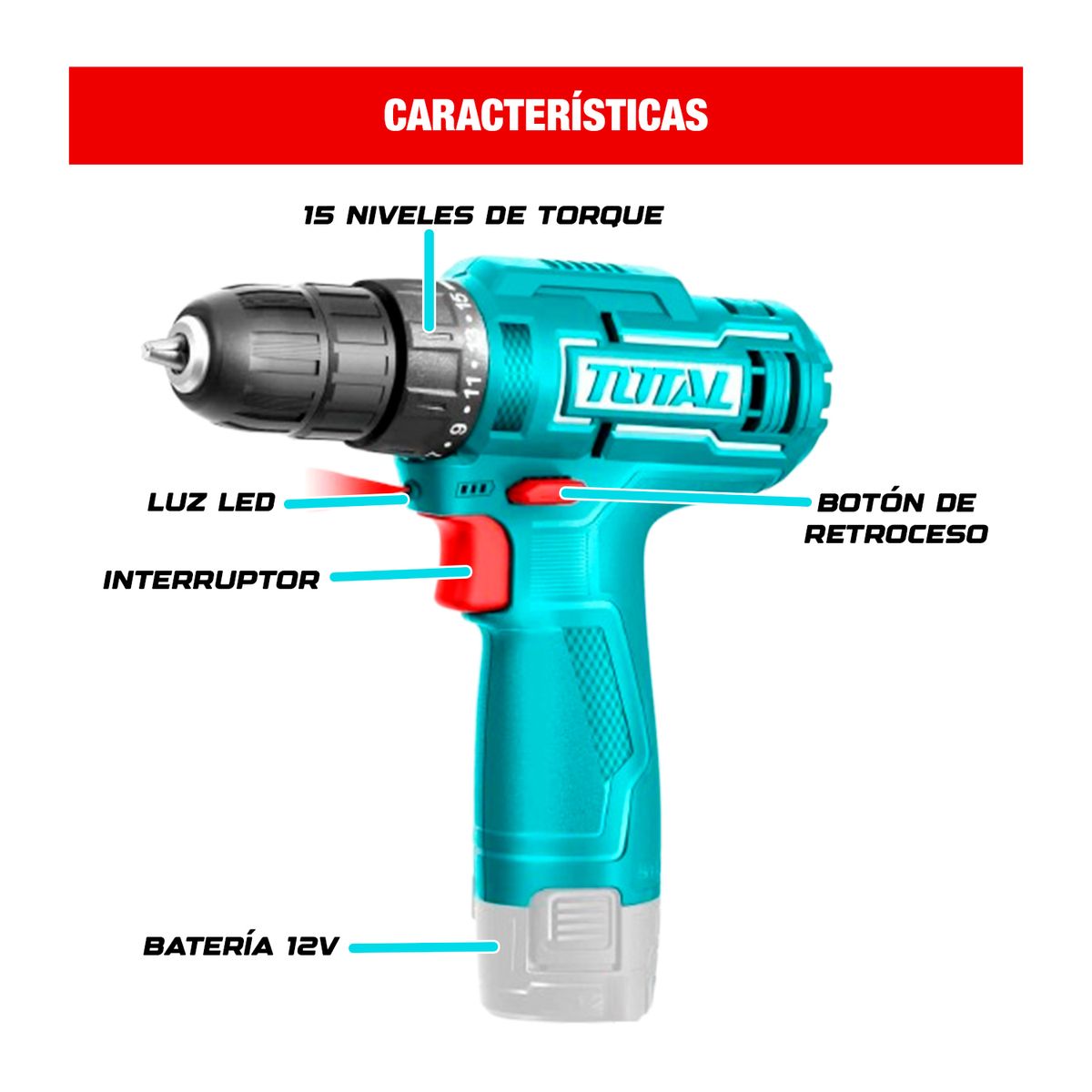 TOTAL TOOLS - TALADRO ATORNILLADOR INALÁMBRICO 12V 10MM + CABLE USB A-C