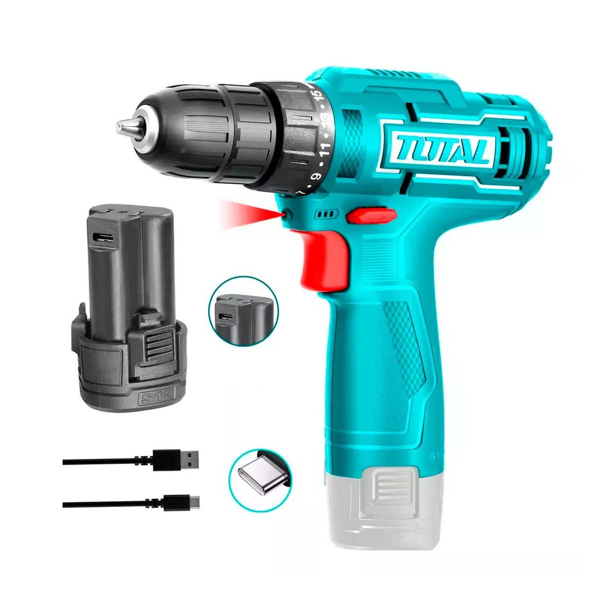 TOTAL TOOLS - TALADRO ATORNILLADOR INALÁMBRICO 12V 10MM + CABLE USB A-C