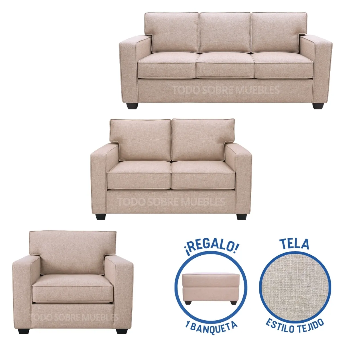 GENERICO - Juego De Sala  Reims 3-2-1 Beige Claro + Banqueta de Regalo