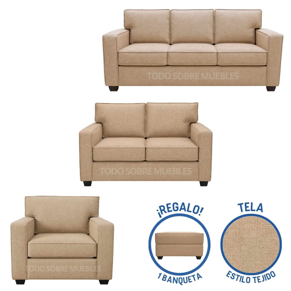 GENERICO - Juego De Sala  Reims 3-2-1 Beige Oscuro + Banqueta de Regalo