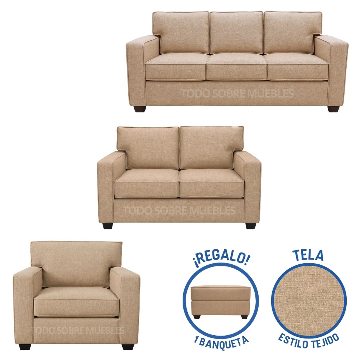 GENERICO - Juego De Sala  Reims 3-2-1 Beige Oscuro + Banqueta de Regalo