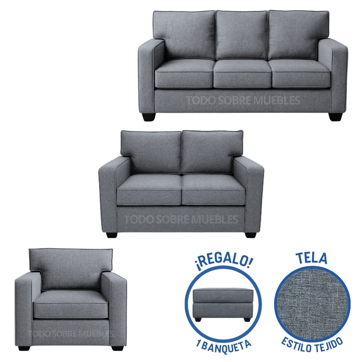 GENERICO - Juego De Sala  Reims 3-2-1 Gris Claro + Banqueta