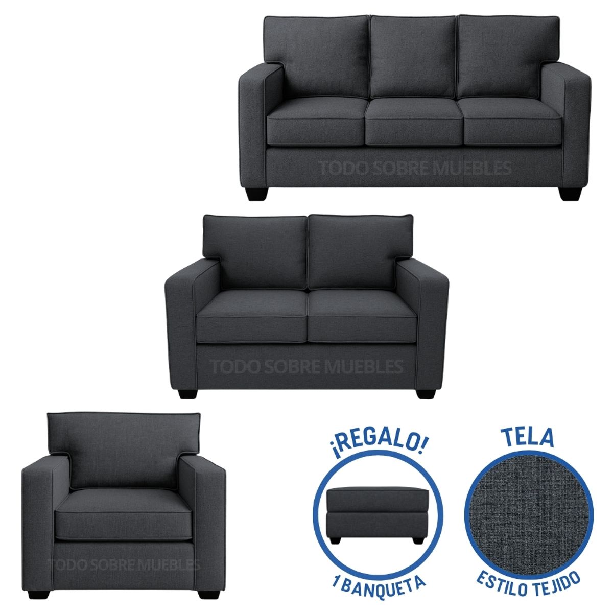 GENERICO - Juego De Sala  Reims 3-2-1 Gris Oscuro + Banqueta de Regalo