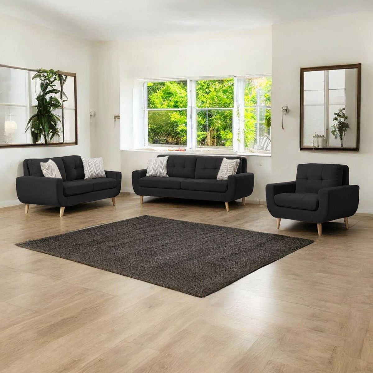 GENERICO - Juego de Sala Berlin 3-2-1 - Negro + 5 Cojines de Regalo