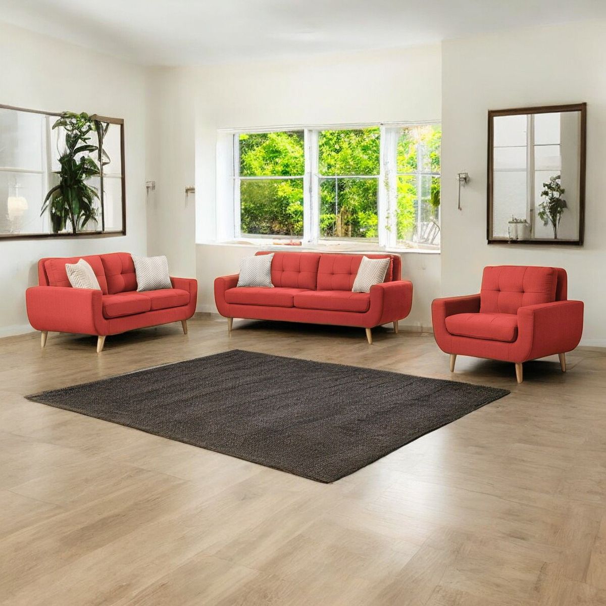 GENERICO - Juego de Sala Berlin 3-2-1 - Rojo + 5 Cojines de Regalo