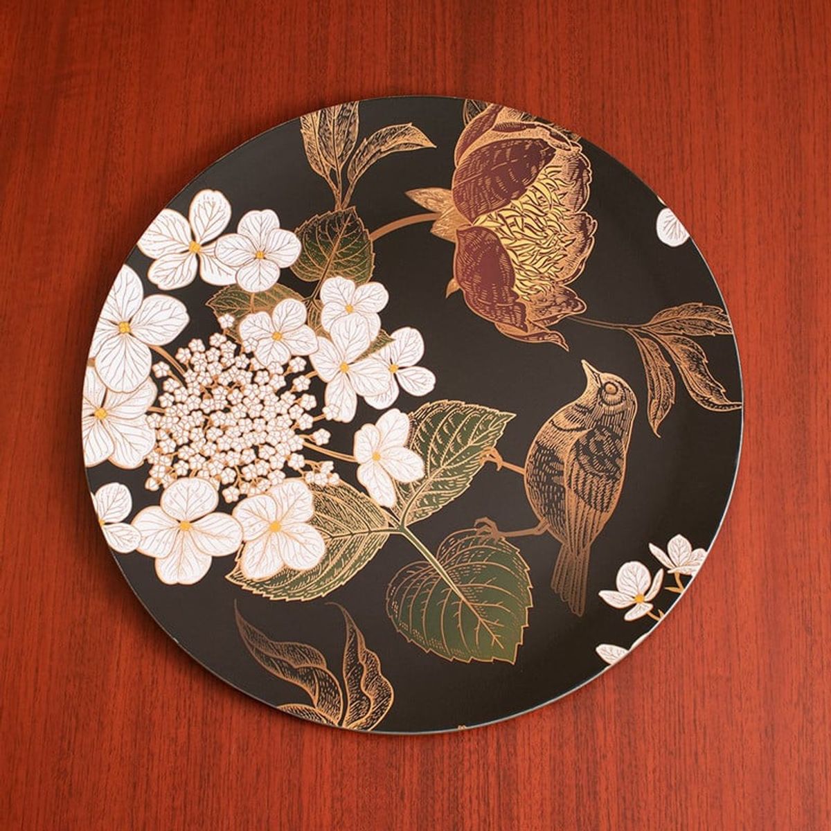 PANADECOR - Plato de Sitio Negro con Relieve Floral y Ave
