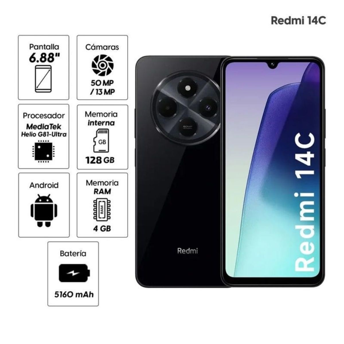 XIAOMI - Celular Xiaomi Redmi 14C 4GB RAM 128GB ROM Negro 4G LTE